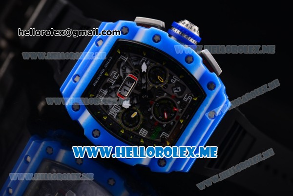 Richard Mille RM 11-03 Swiss Valjoux 7750 Automatic PVD Case with Skeleton Dial and Black Rubber Strap Blue Bezel - Click Image to Close